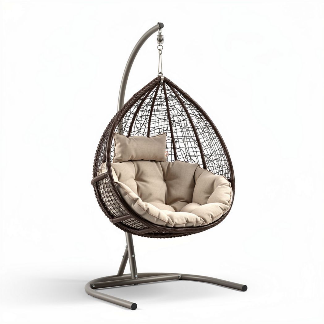 Hanging Rattan Chair with Cushion - Indoor and Outdoor Use, Steel Frame - 120 x 100 x 150cm