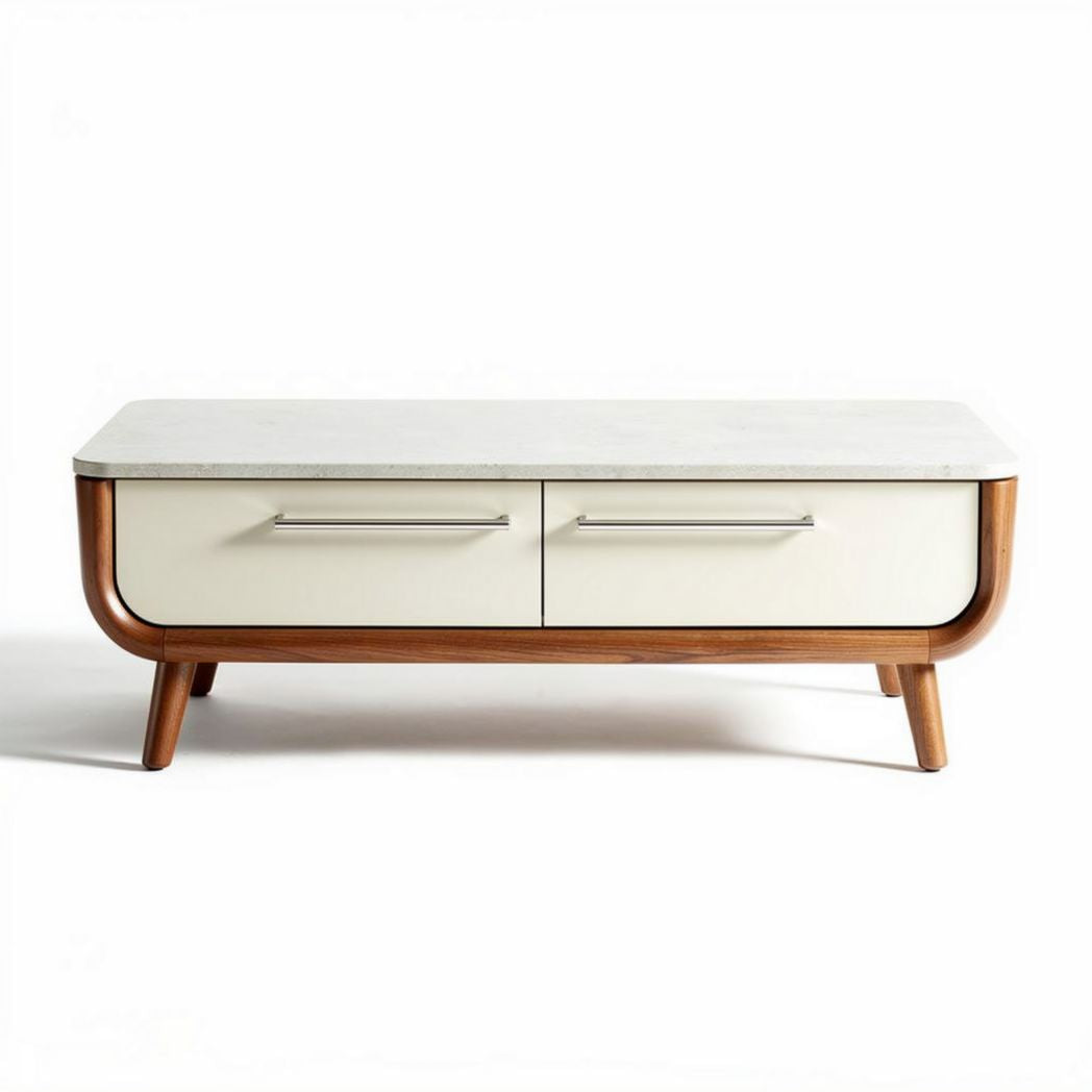 Coffee Table with Two Drawers for Living Room – Wood and Marble – 120 x 60 x 40cm